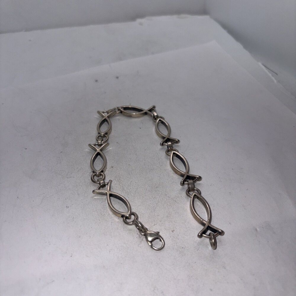 Sterling Silver Christian Jesus Fish Link Bracelet 9" Long, 925 24 grams